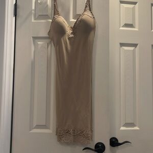 Tan vintage lingerie body con slip/ dress 37.5 inches long. 36 B or C